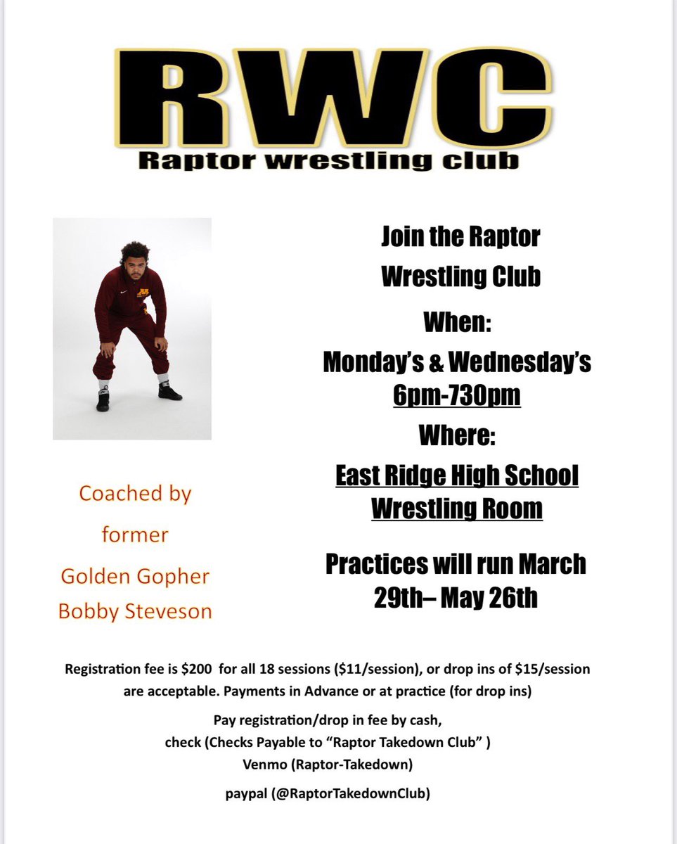 ERRWrestling's tweet photo. Check this out! @bobby_steveson will be leading the RWC in 18 sessions w/ focus on freestyle wrestling. Learn from a former Gopher 🤼‍♂️ + get lots of extra mat time! open to all wrestlers K-12 from all over (need not be an East Ridge Wrestler). Reach out with any additional ?s. https://t.co/z8QqPUFto4