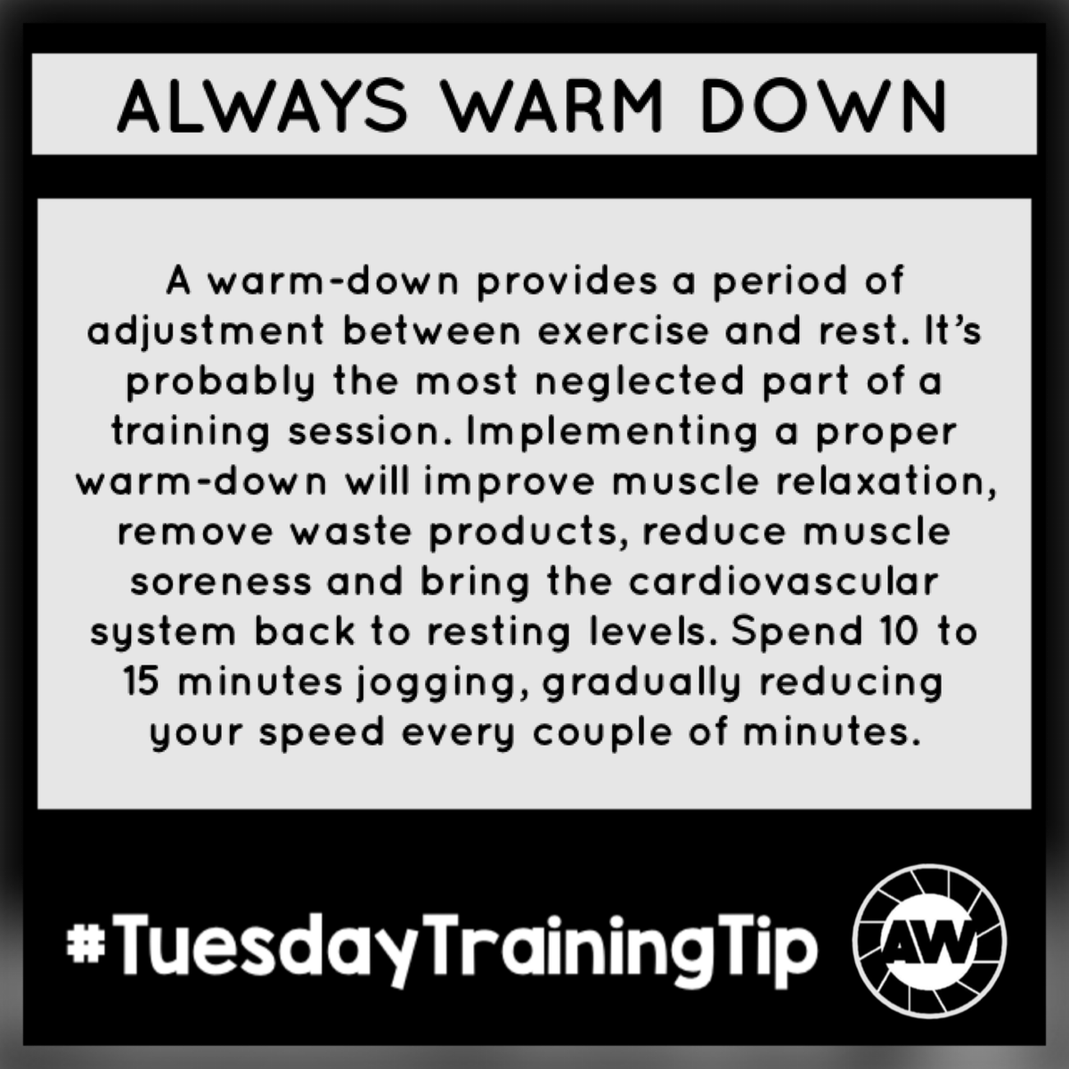 AWRunFitness's tweet photo. #TuesdayTrainingTips - ALWAYS WARM DOWN
A warm-down provides a period of adjustment between exercise and rest. It’s probably the most neglected part of a training session.
@UKRunChat #UKRunChat @RaceCheck #TeamAW https://t.co/PlGmPNVKpP