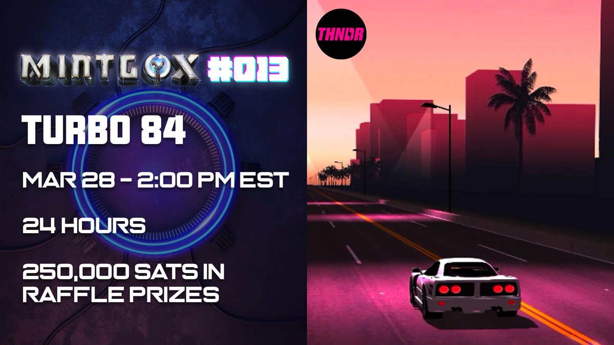 MintGox's tweet photo. Turn you need for #sats into a need for speed in @THNDRGAMES #TURBO84 this Sunday at #MintGox013 and win big!
Play Games. Win #Bitcoin.
How to join and more info on our Discord: https://t.co/XsCCDfGvwj https://t.co/OFRlgmtucJ