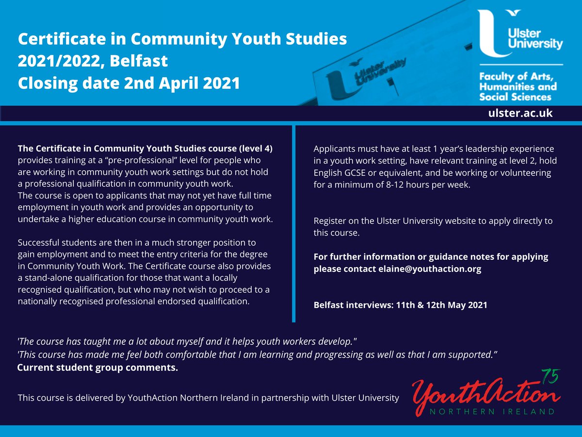 YouthActionNI's tweet photo. Closing date for the Level 4 Certificate in Community Youth Studies course extended to 12th April 2021 – still time to submit your application. Guidance notes for applicants and information on the course can be obtained from elaine@youthaction.org https://t.co/diMrRzARs4