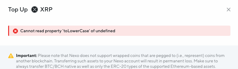 Hey <a href="/NexoFinance/">Nexo</a>, I'm trying to deposit funds but both ETH and XRP deposit is broken....