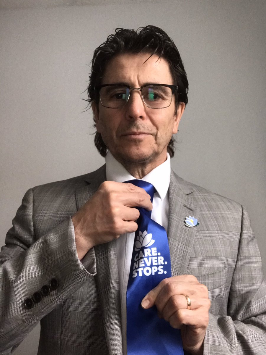 Care.Never.Stops. Blue Ribbon Project (turned my ribbon into a tie) supporting front line workers who haven’t stopped supporting us.  GRHF.ca Tie a ribbon to a tree, car, mailbox, cat/dog collar.