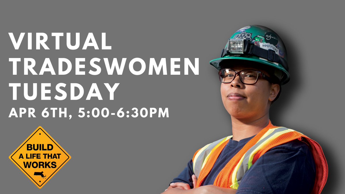 BuildALifeMA's tweet photo. Tuesday, April 6th, 5-6:30pm we will be holding our monthly Virtual Tradeswomen Tuesday, where women looking to join MA union building trades can come receive info on how to do so! 

Register here
https://t.co/DIsFWqceps https://t.co/3qOdJUhQ67