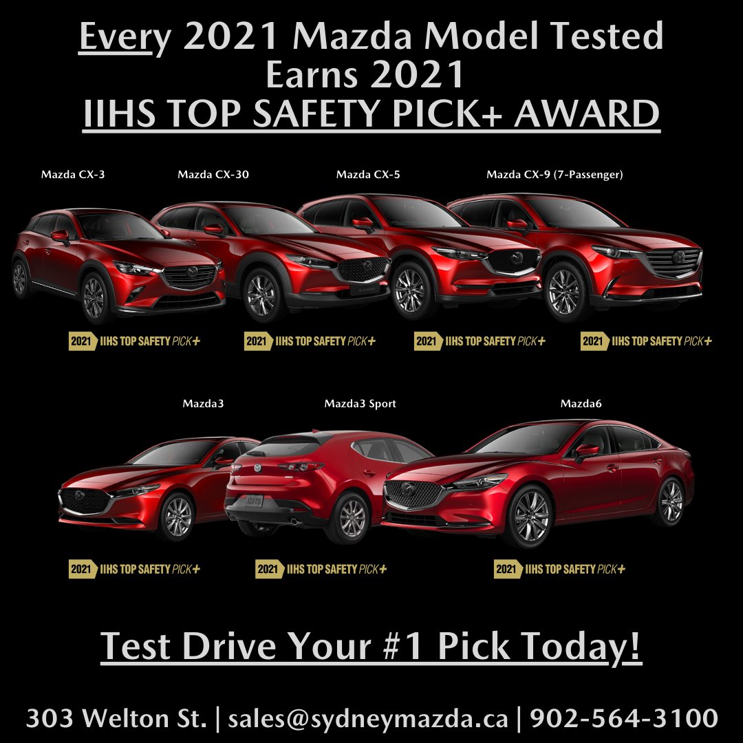 SydneyMazda's tweet photo. Every 2021 Mazda Model Tested Earns 2021 IIHS TOP SAFETY PICK+ AWARD!!
Every.  Single.  One.  🏆🏆🏆🏆🏆🏆🏆
Test Drive Canada's Most Awarded Brand EVER @ 303 Welton Street, Sydney! 
#SydneyMazda #IIHSTopSafetyPickPlus #Winner #Mazda https://t.co/T5RHfdEo6G