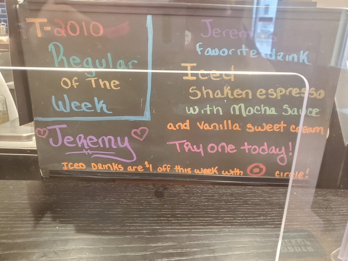 MadiRPuhl's tweet photo. Recognizing our regulars at T-2010's Starbucks. This regular comes in for his favorite drink every single day. We will pick a new regular every week and they will get a free drink! Doing our part to thank and appreciate our guests!
#t2010 #target @Starbucks #appreciationpost https://t.co/Dm55rD0djj