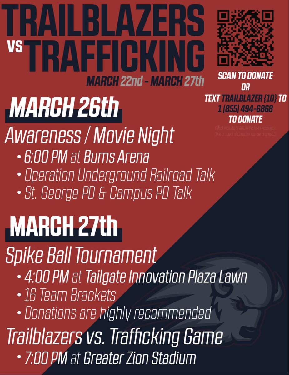 DixieStateSAAC's tweet photo. Blazers‼️
Please join us in bringing awareness and fundraising for Operation Underground Railroad. We have so some super fun activities coming up, and are excited to SEE YOU THERE. We are proud to be working hand-in-hand with OUR.  

Scan the QR code or text to donate if you can! https://t.co/XyZbYgWS50