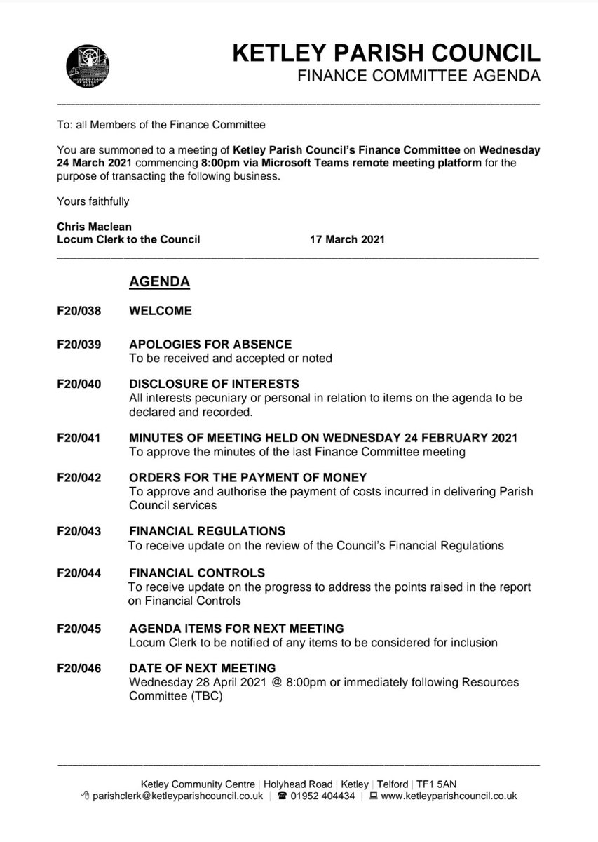 KetleyPc's tweet photo. The next Ketley Parish Council Finance Committee meeting is at 8pm on Wednesday 24 February 2021 via Microsoft Teams. Please contact Locum Clerk to the Council for meeting details. https://t.co/BR4llpNAfj