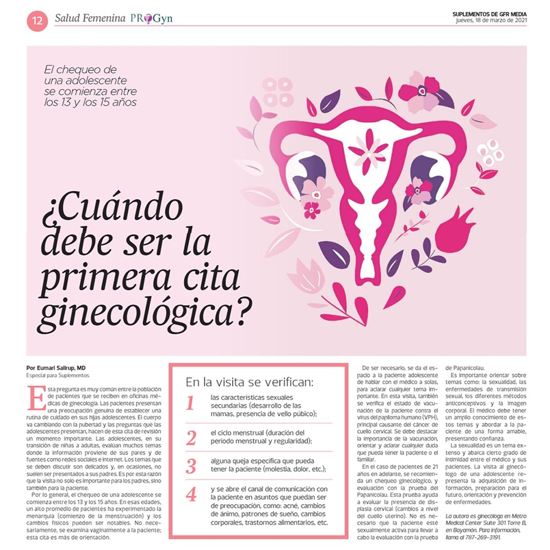 PROGyn_Inc's tweet photo. ¿Cuándo debe ser la primera cita ginecológica? El chequeo de una adolescente se comienza entre los 13 y los 15 años. La Dra. Eumari Salirup, MD, no habla sobre la primera visita al ginecólogo, que causa tanto temor en las adolescentes.  https://t.co/WaI7uUkFck https://t.co/VBAY4wHfk9