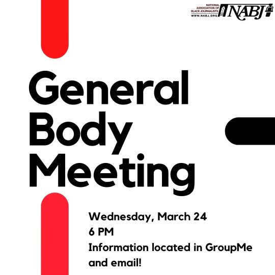 Tomorrow at 6 PM is our General Body meeting. 🚨We will be discussing events to look forward to for the remaining of the semester and other important information! Attendance is required to continue membership! Zoom details will be sent out in GroupMe and your emails! #CAU #NABJ❤️