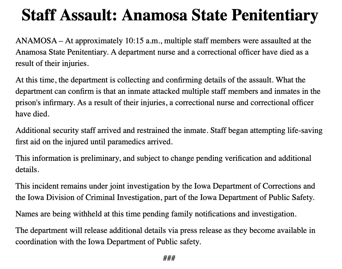 IowaCorrections's tweet photo. Initial report on the loss of two of our team members at the Anamosa State Penitentiary. More details to come as we can confirm them. https://t.co/4jRjaT03Uz