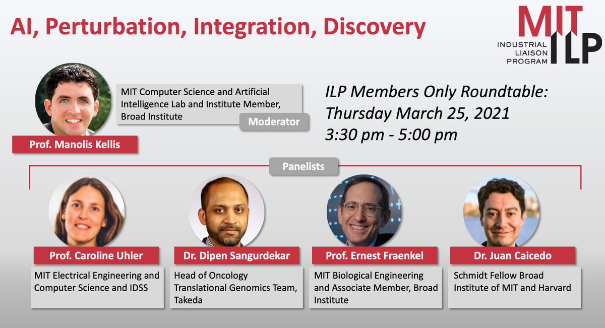 manoliskellis's tweet photo. And please join us for a panel with #CarolineUhler @MITEECS @MITIDSS, #DipenSangurdekar @genomitis @TakedaOncology, #ErnestFraenkel @MITdeptofBE @BroadInstitute, and @JCCaicedo @BroadInstitute #SchmidtFellow on #AI #Perturbation #Integration #Discovery Thu 3:30pm-5pm @MIT_ILP https://t.co/CryWsGCuGW