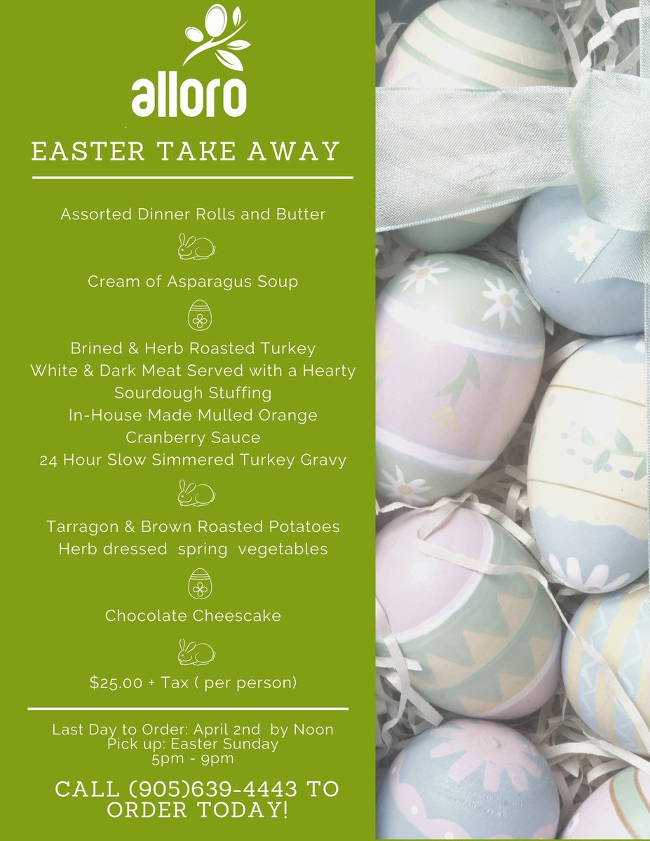 JenGendron1's tweet photo. The Easter Bunny is just around the corner!  Don't miss out on Alloro's Easter Take Away! Just $25 per person! This special will also be available for in house dining on Easter Sunday. Call today to reserve - 905-639-4443! https://t.co/JMRwkPXpnx