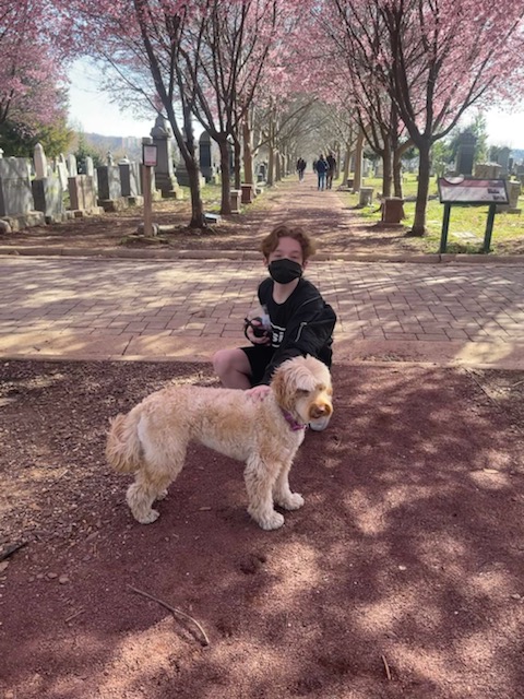 Kirsten Gillibrand's son Henry with her dog Maple in front of cherry trees in bloom.
