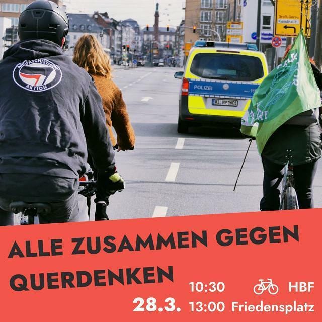 FFFDarmstadt's tweet photo. Am Sonntag (28.3.) will Querdenken eine Kundgebung veranstalten.
Zeigen wir ihnen gemeinsam, dass es in Darmstadt keinen Platz für rechte Hetze gibt!
Kommt Alle am 28.3.:

👉 Um 10:30 zum Hbf zur Fahrraddemo!

👉 Weiter geht es ab 13:00 auf dem Friedensplatz mit einer Kundgebung! https://t.co/IR9wkBGxUA