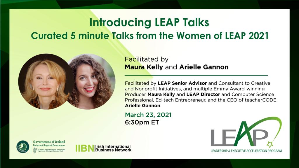 leap_now's tweet photo. It's nearly time for our first ever LEAP Talks 'Voices Worth Hearing' event, facilitated by @MauraKellyMedia & @teachercode_llc!
We can't wait to hear from #leapnow2021; it's time to raise your voice! @IIBN @GlobalIrish @jscanlon1 #leapnow https://t.co/xNCQ6BjNt2