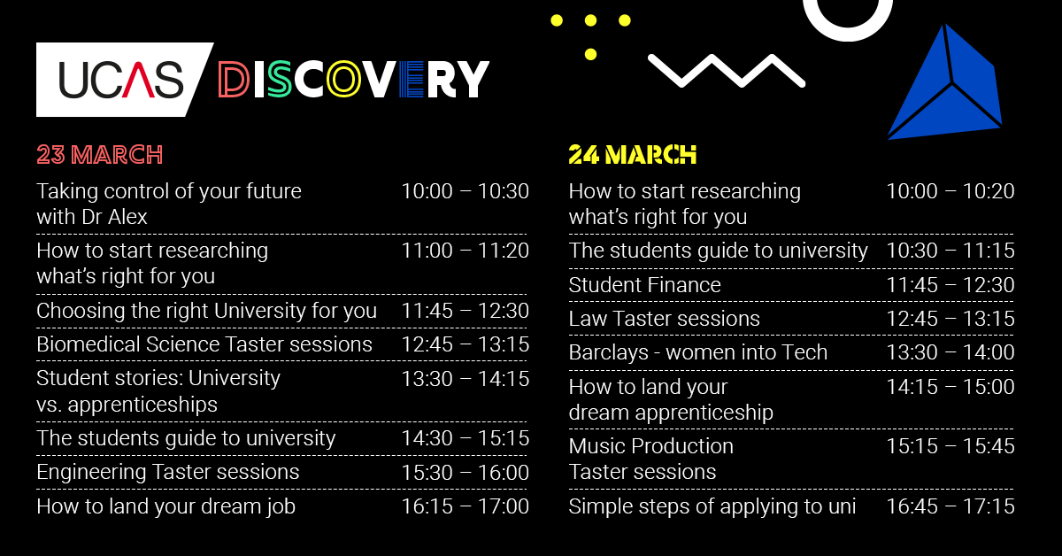 🏁 That's a wrap for day one at UCAS/Discovery but it's not too late to join day two! 🙌  

Don't miss your chance to meet over 100 unis, employers and colleges, book your place now! bit.ly/3qgdUhM