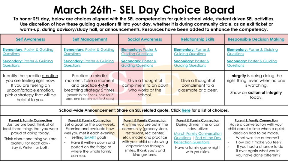 Check out our PISD Parent & Family Connection section on our SEL Day Choice Board to celebrate SEL Day on March 26h. tinyurl.com/38yyme8e @courtneygober @PrincipalEwing @sbradleyonfire @MsSongDotCom
