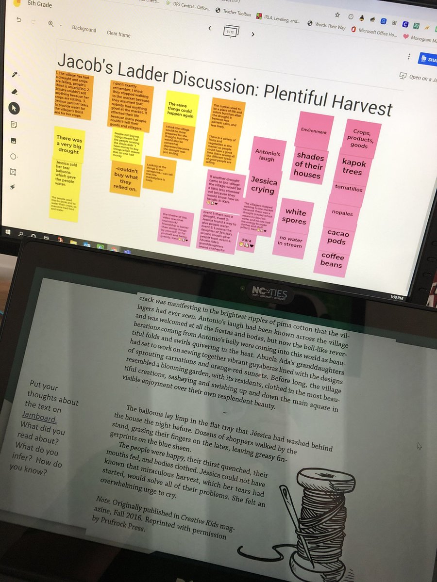 BeebeExplorers's tweet photo. @MangumExplorers fifth graders discussing #JacobsLadder #PlentifulHarvest @prufrockpress on @Zoom &amp; @JamboardEDU. How do villagers feel after drought ends? Student: Same way we’ll feel when the pandemic is over. 😳 Relieved! #KeepOnLearning #WeAreDPS #giftednessknowsnoboundaries https://t.co/NQkqsn7Tmi