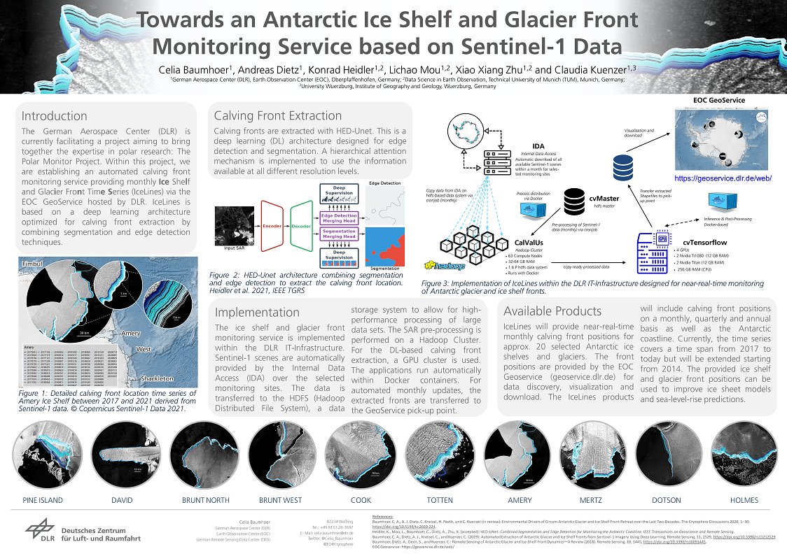 What a great poster session at #UKASC2021 today! Our colleague @Celia_Baumhoer presented her work on #IceLines – a new service to provide monthly calving front positions of Antarctic ice shelves derived with #DeepLearning