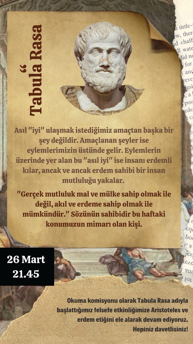 Herkese iyi akşamlar!
Her ayın son Cuma'sı yapmaya devam ettiğimiz etkinliğimiz Tabula Rasa'nın konusu ETİK. 
Sizler için Etik anlayışlarını kısa bir özet geçip olaylar üzerinden tartışma ortamı oluşturmayı istedik. 
26 Mart Cuma
21:45'te buluşmak isterseniz DM'ye bekliyoruz ✉