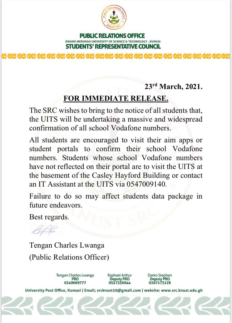knust_src's tweet photo. UITS will be undertaking a SIM Card Confirmation exercise for all students for their School Vodafone numbers. 
Students are to visit the AIM app or portals to do so. https://t.co/dT29Nvz0cX