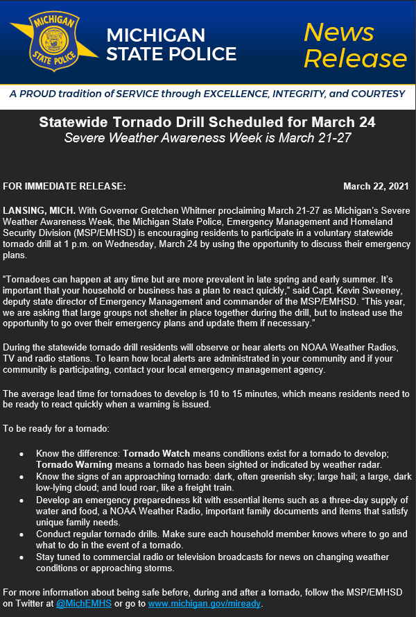 VillofDecatur's tweet image. March 24th at 1:00 PM there will be a State-Wide Tornado Drill.  Currently, the DHFD is planning to utilize the siren during the drill. We would encourage everyone to utilize this time to run a tornado drill and/or review your emergency plans.
#DecaturMI