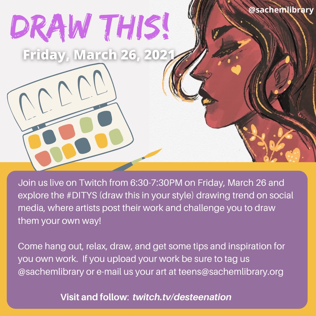 sachemlibrary's tweet photo. Teens, follow us on @Twitch to get notified about cool programs like Draw This! Join our Facebook group, Sachem Teens DesTEENation also!
👉https://t.co/jb9vs02FUT
#sachemlibrary #libraryprogram
#teenprograms #drawthis #artwork #creativity #art #fridayprogram https://t.co/t3OdXezJmj