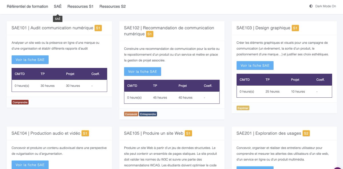 Et voila... premier prototype pour afficher les SAE/Ressources du futur #BUT #MMI intranetv3.iut-troyes.univ-reims.fr/fr/but/sae
Travail encore en cours de rédaction et non validé pour le moment. <a href="/DUT_MMi/">DUT_MMi</a>