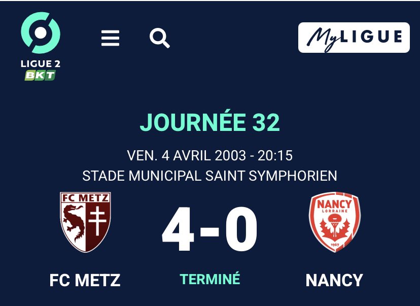 2ème question de la journée : 

Combien de buteur pouvez vous me donner dans ce derby que le FC Metz a largement dominé ? 

C’était la plus large victoire du FC Metz contre l’ASNL depuis le 6 octobre 1990, un match qui se solda aussi par 4-0. 

A vous de jouer !!!!! 

#TeamMetz