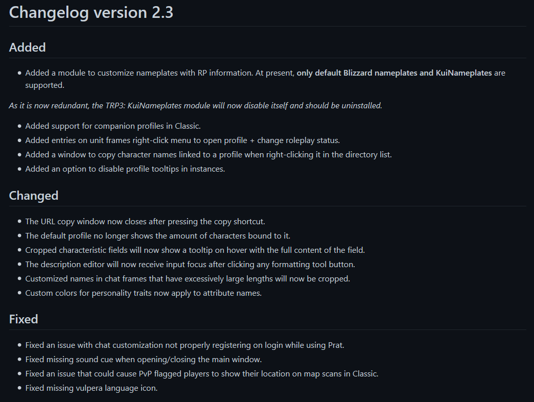 TotalRP3's tweet photo. Total RP 3 version 2.3 is now available! This version includes RP nameplates (Blizzard/Kui), as well as companion profiles support for Classic. And as always, a few improvements and bugfixes along the way.
Retail: https://t.co/Jb2A3dd6ib
Classic: https://t.co/S3thRb6Upv https://t.co/qgyFzU2K9y