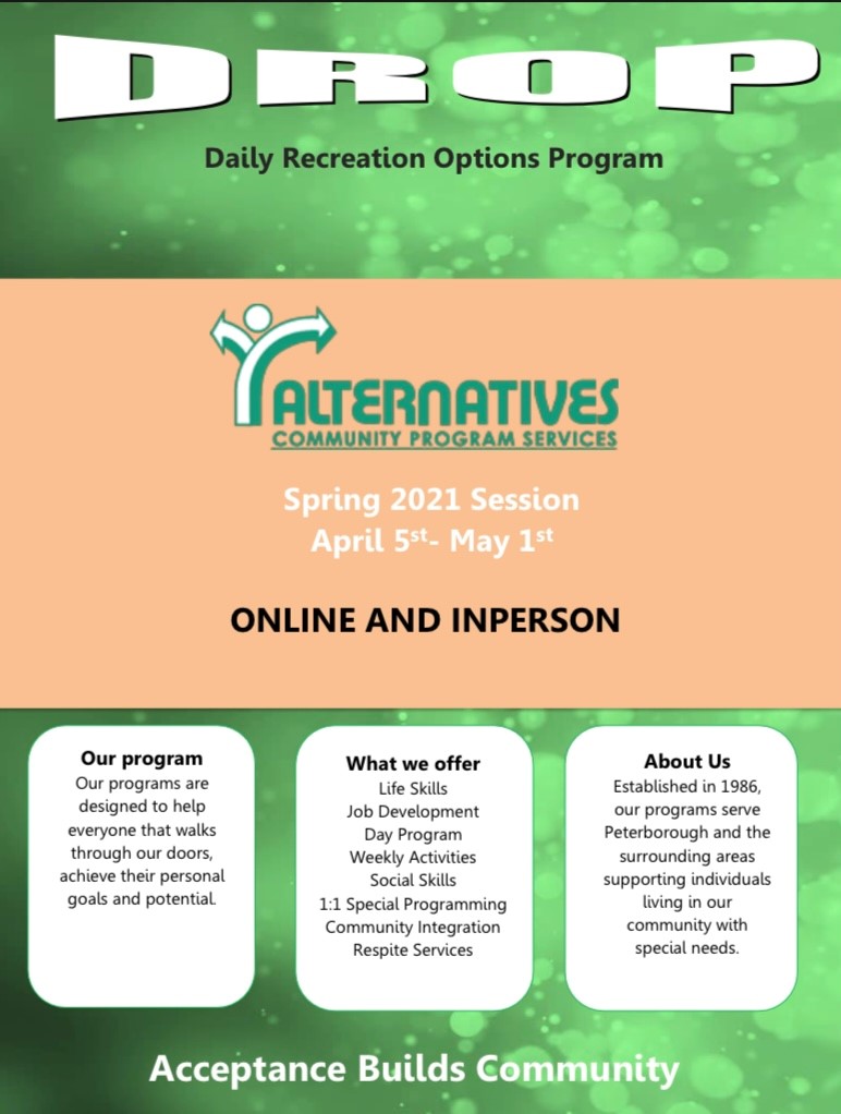 AlternativesCPS's tweet image. It’s here! Our April 2021 DROP session is now released. This 4 week session has a mix of online and in person groups! We are utilizing this lovely spring weather and starting to get back outdoors. Have a look over the flyer and contact Jessica - Sign up deadline in April 5th