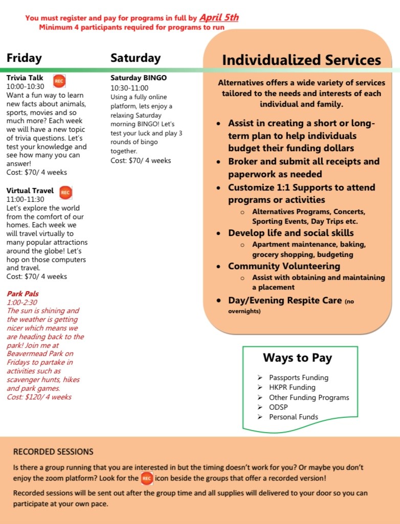 AlternativesCPS's tweet image. It’s here! Our April 2021 DROP session is now released. This 4 week session has a mix of online and in person groups! We are utilizing this lovely spring weather and starting to get back outdoors. Have a look over the flyer and contact Jessica - Sign up deadline in April 5th