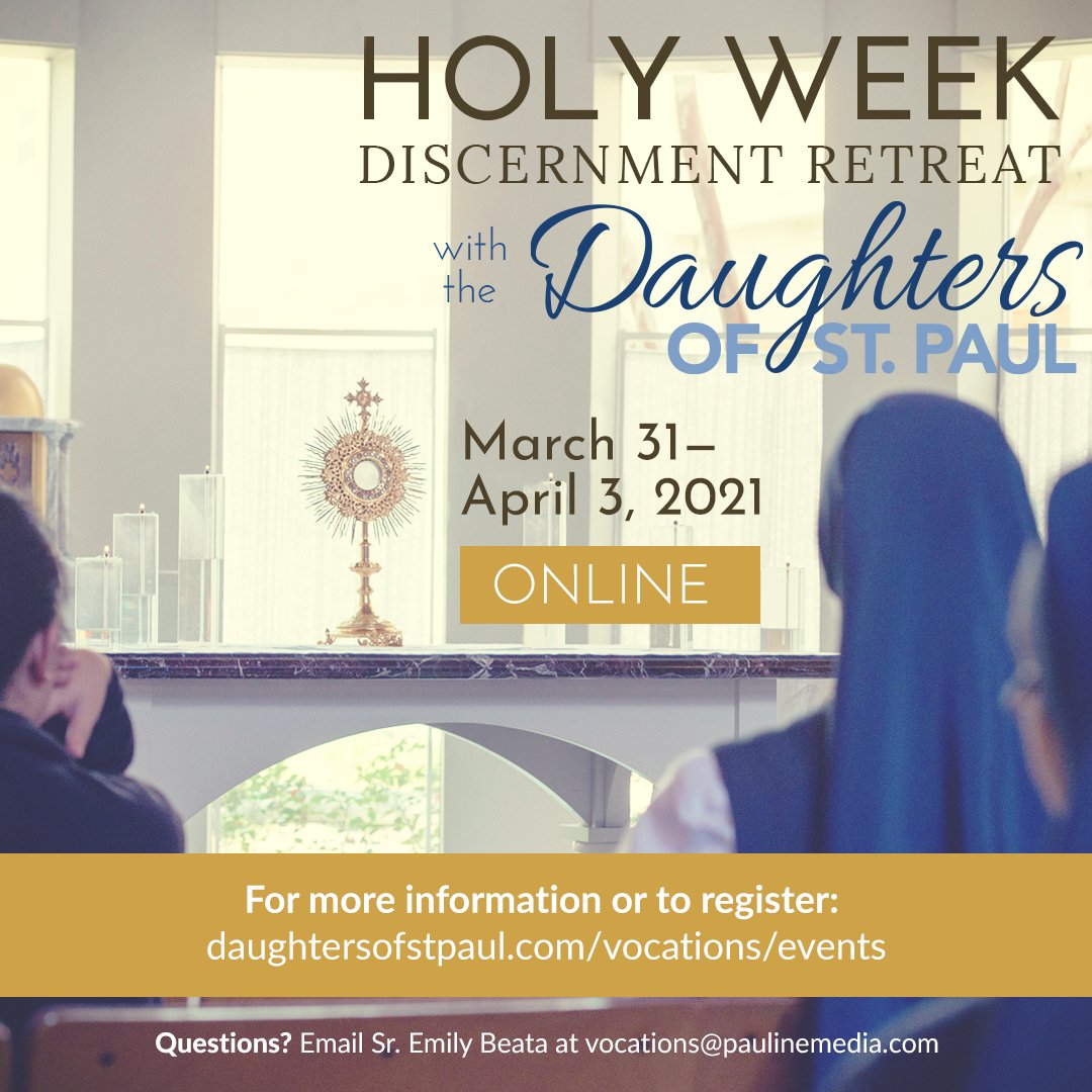 DaughterStPaul's tweet image. Registration for our online Holy Week Discernment Retreat is still open! The Sisters are preparing some great talks and getting ready to answer your questions!
daughtersofstpaul.com/vocations/even…