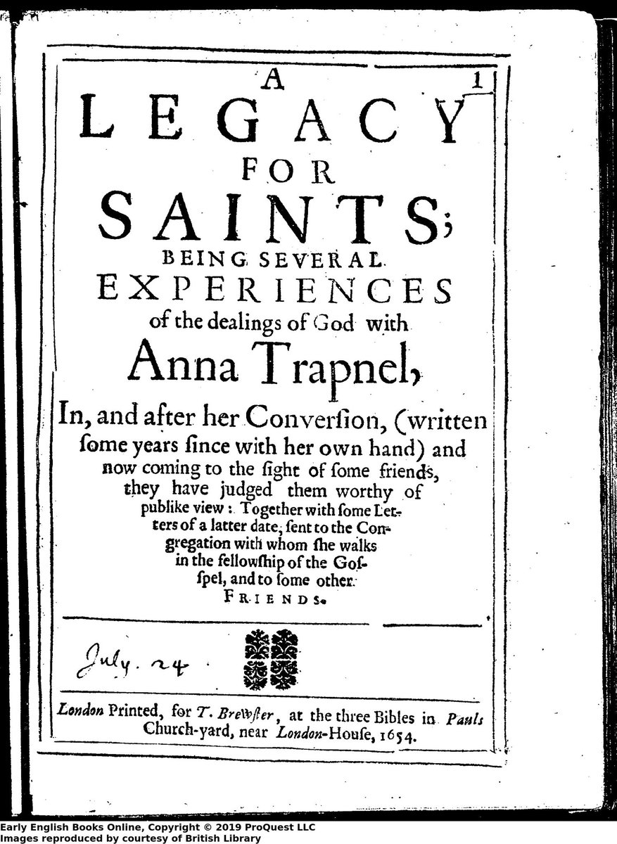 jdmccafferty's tweet photo. 23 Mar 1654: Anna Trapnel #prophet arrested #otd accused of "witchcraft, madness, whoredom, vagrancy, and seditious intent"

Her many works include a spiritual autobiography (eebo) https://t.co/A0X8sGoJbS