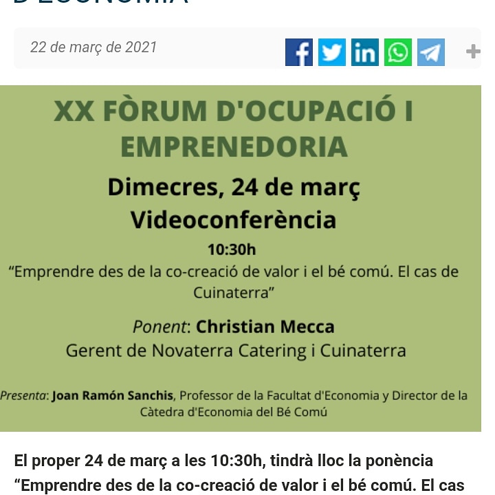 Joanrasan's tweet photo. Demà a les 10:30 parlarem amb @ChrisMeccaVLC sobre @cuinaterra com a projecte d'emprenedoria sostenible dins del #ForoEmpleoFdE @FdEconomiaUV https://t.co/fkhaoAqZdN