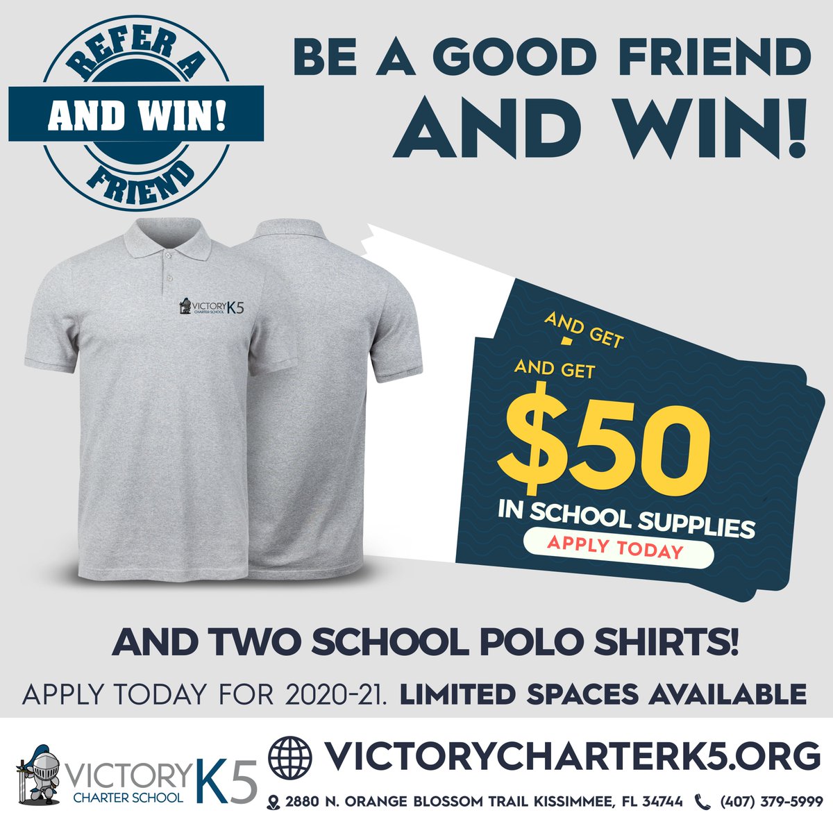 VCharterk5's tweet photo. REFER your FRIEND and WIN! Get $50 in school supplies and 2 polo shirts! Referring is winning! #goknights 
We are now enrolling K-5 for the 2021-22 school year. Apply today online at https://t.co/jY6i7pD96z
#friends #school #classmates #Florida #Knights https://t.co/V0awol3PRx