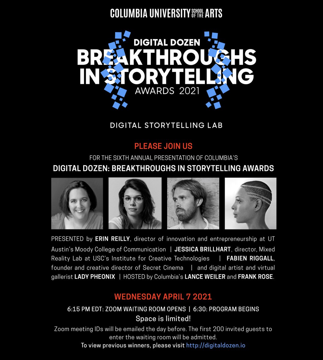 Looking forward to this! Breakthroughs in Storytelling! RSVP to the 6th annual Digital Dozen Awards digitaldozen.io/2021-register/ to celebrate we will be featuring past projects each day from our archive. #ai #vr #ar #IoT #storytelling <a href="/ColumbiaDSL/">ColumbiaDSL</a>