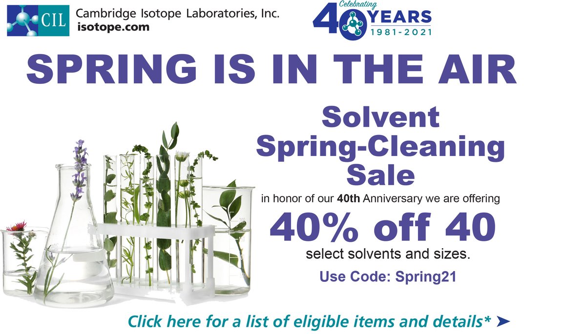 cilmkt's tweet photo. CIL is having a Solvent Spring-Cleaning Sale! In celebration of our 40th anniversary we’re offering 40% off 40 select solvents and sizes.
Hurry while supplies last! #40YearsofCIL #NMRchat #NMRsolvents https://t.co/0KGli4hzM4 https://t.co/hasG1kLCrB