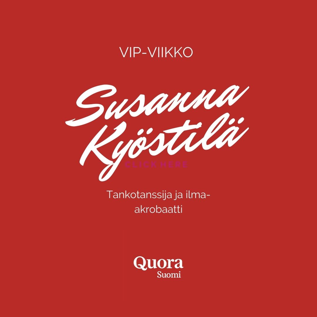 Susanna Kyöstilä ottaa nyt VIP-viikon aikana vastaan kysymyksiä tankotanssista, ilma-akrobatiasta ja esiintymisjännityksestä. Voit esittää kysymyksiä suoraan Susannan Quora-profiilin kautta: lnkd.in/eJMM5FK

#tankotanssi
#akrobatia
#esiintymisjännitys
#ramppikuume
