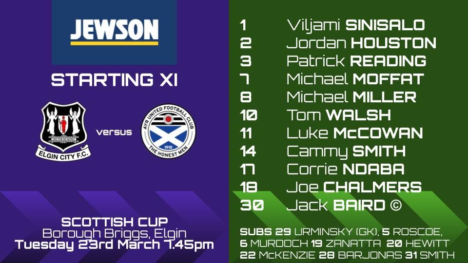 AyrUnitedFC's tweet photo. 📋 | Tonight's team to face @ElginCityFC in the second round of the @ScottishCup. 

Three changes from Saturday, with Moffat, Walsh and Miller coming in for Mark McKenzie, Andy Murdoch and the suspended Aaron Muirhead. https://t.co/scstGWiXOF