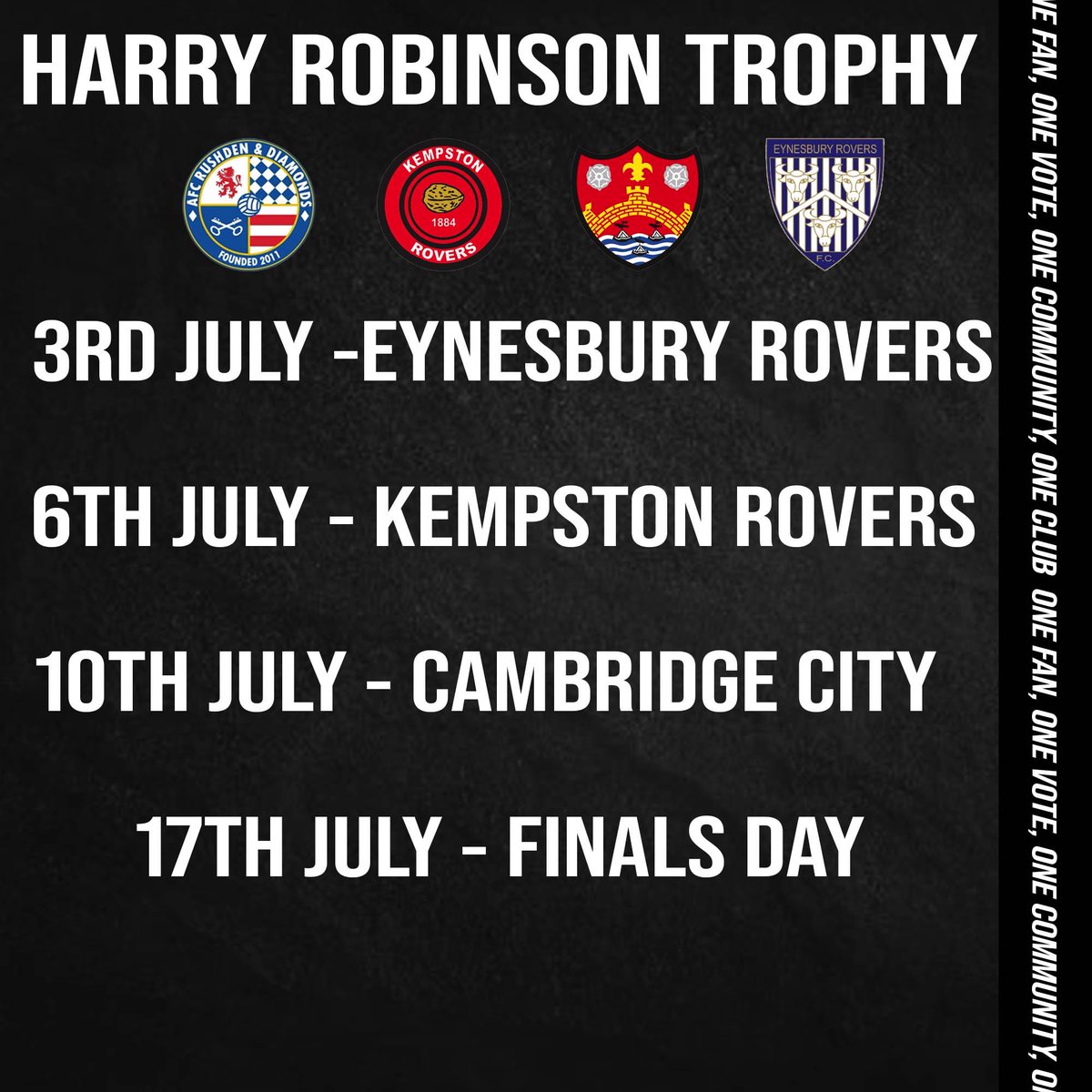 We're delighted to confirm that we are taking part in the Harry Robinson Trophy.

Please note that kick off times, ticket arrangements and ground venues are subject to confirmation. 

afcdiamonds.com/pre-season-tou…