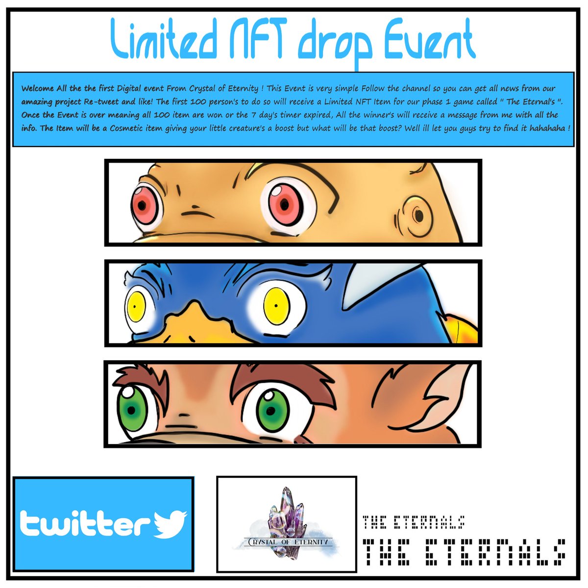 CrystalOfEtern1's tweet photo. Its on Everyone ! Follow this page, Re-Tweet and like to get your limited NFT when the game launch !! https://t.co/aqfJwxFerd