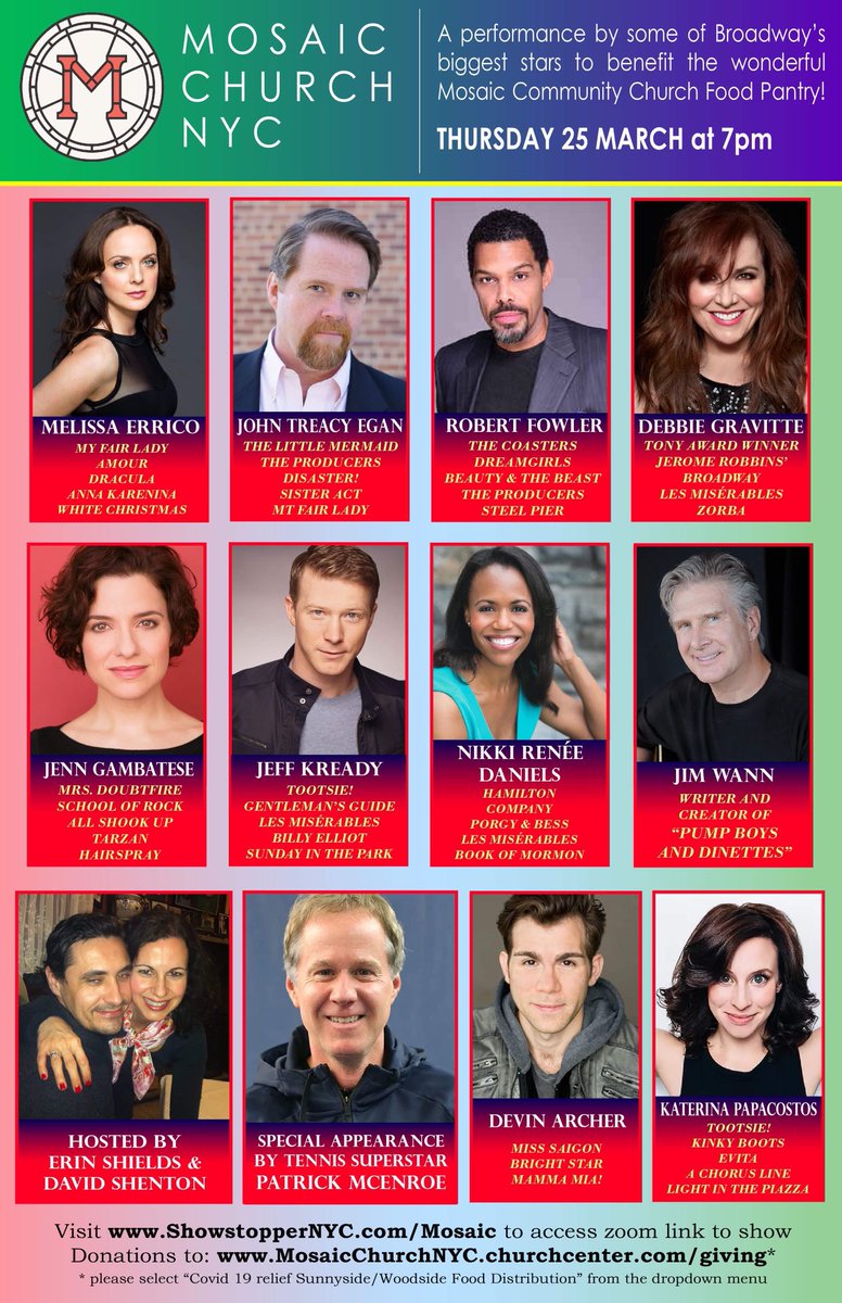 Erin &amp; David will be hosting an online concert featuring fabulous Broadway stars on Thursday, March 25th @ 7pm to raise money for the Mosaic food pantry in Sunnyside, Queens, which feeds thousands of NYers in need every week. For more info please visit showstoppernyc.com/mosaic