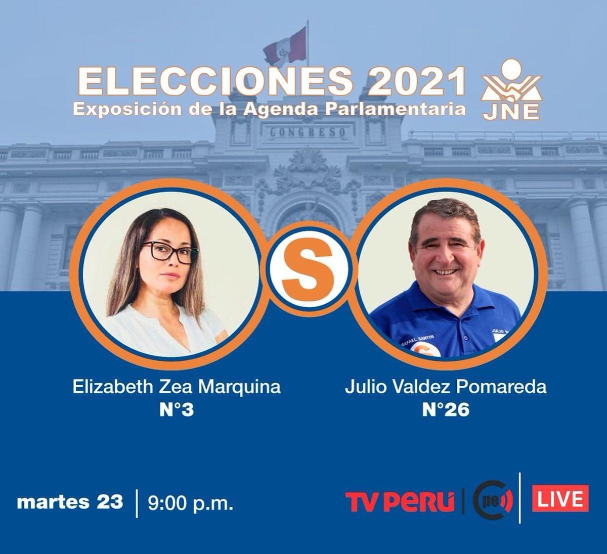 EliZea_derecho's tweet photo. 🗣 #elecciones2021 Exposición de la Agenda Parlamentaria organizado por el Jurado Nacional de Elecciones del Perú , se transmitirá en vivo por TVPerú y Facebook live.

9:00 pm 

📌 ¡Los espero!  #VOTOINFORMADO2021 #VotoResponsable #PPS3  #Debate https://t.co/ishMrAdb3T