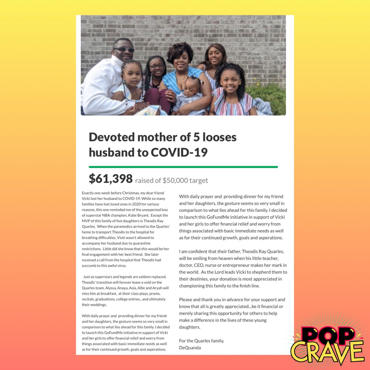 PopCrave's tweet photo. .@TaylorSwift13 donates $50,000 to mother of five who lost her husband to COVID-19 before Christmas. https://t.co/4UDI3q99De