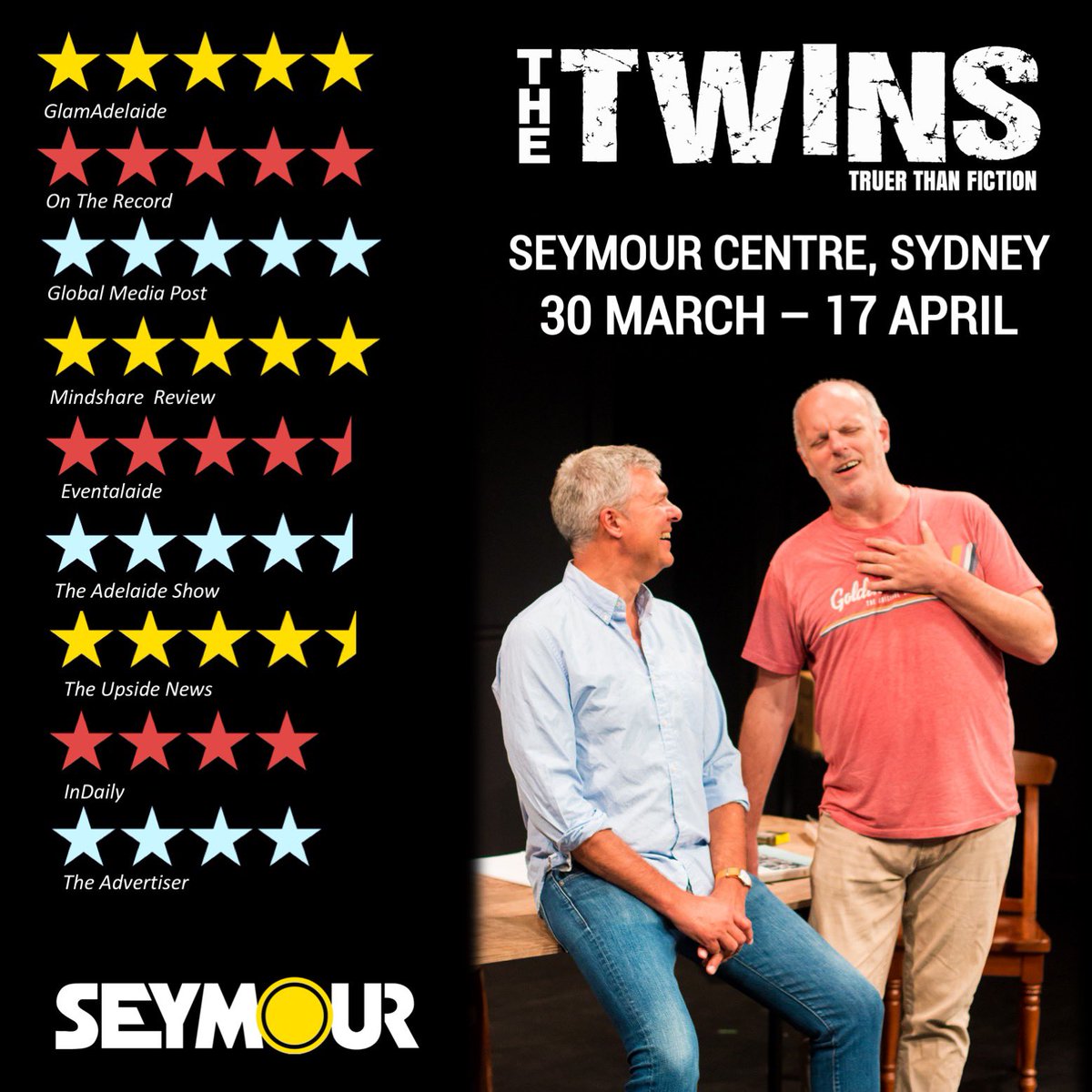 THE TWINS play is coming to Sydney next week!! Hope to see you at The Seymour Centre (March 30 - April 17)!!! Bookings at thetwinsplay.com.au <a href="/SeymourSydney/">Seymour Centre</a> <a href="/sharkislandAUS/">Shark Island Institute</a> <a href="/thegregfleet/">Greg Fleet</a> <a href="/TerrySerio/">💧Terry Serio 🕯</a> #theatre #seymourcentre #sydneytheatre #thetwinsplay