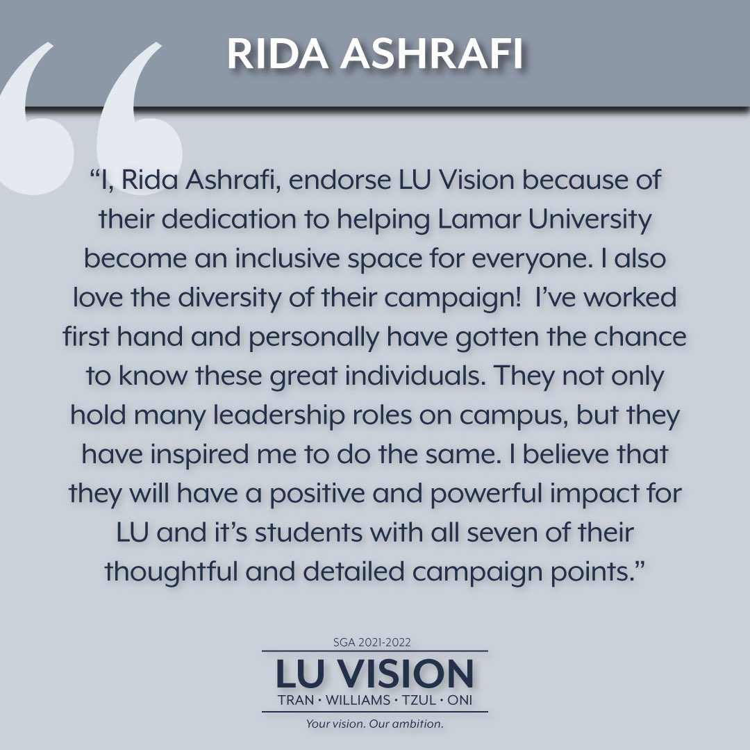 luvision2021's tweet photo. It is with great pleasure that we announce the official endorsement of Rida Ashrafi, the Big Event Recruitment Director! Rida plays a significant role on campus through her involvement in numerous organizations and her innate ability to connect with students. https://t.co/Lr8DYKAjRV