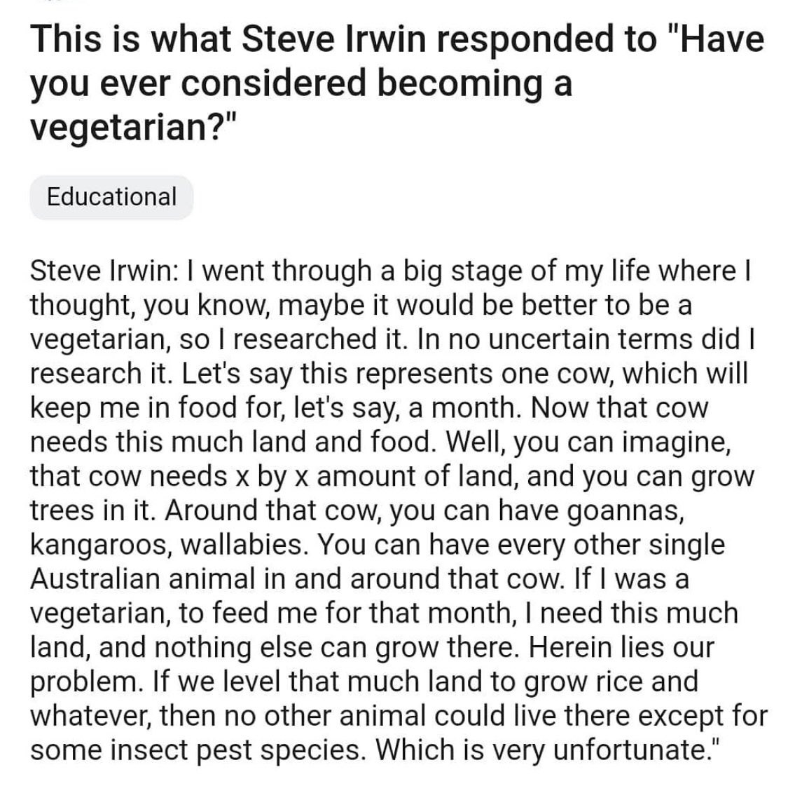 Steve Irwin on ‘becoming a vegetarian’