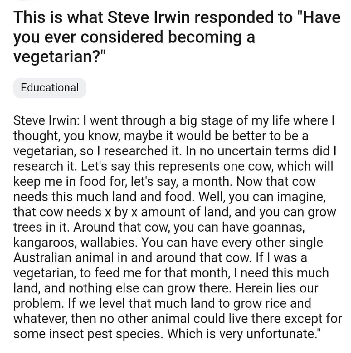 SolBrah's tweet photo. Steve Irwin on ‘becoming a vegetarian’ https://t.co/3bFuK8kyl0