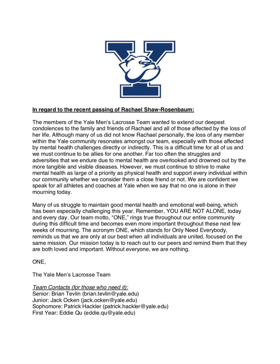 tevlinbrian's tweet photo. On behalf of the student-athletes of Yale Men’s Lacrosse: https://t.co/5EC04OwDjy